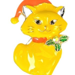 VINTAGE YELLOW CAT CHRISTMAS KITTY BROOCH PIN COSTUME JEWELRY